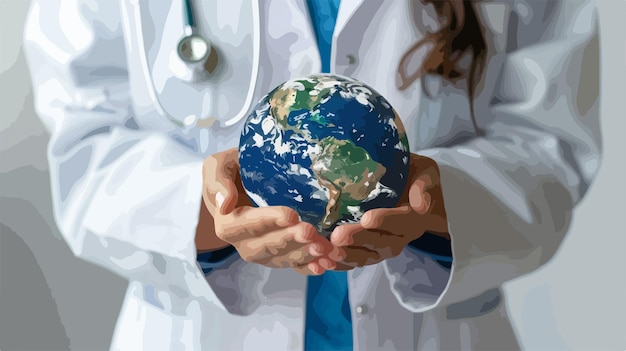 Vector closeup of female doctor holding earth planet in hand