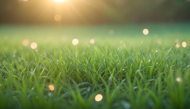 Vector a closeup of a field of green grass in the early morning the sun is rising in the background creating a warm glow the grass is covered in dew creating a soft shimmering effect