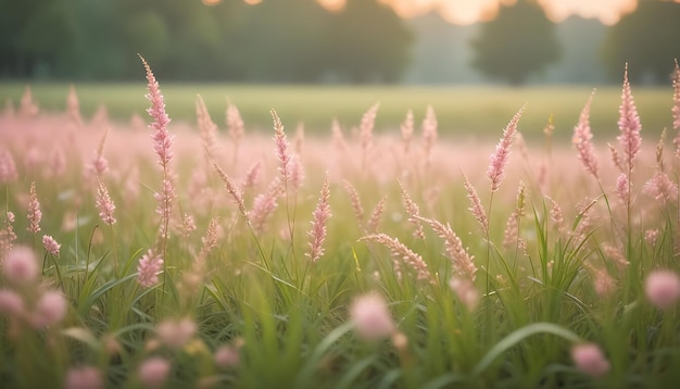 Vector a closeup of a field of tall pink grass swaying gently in the breeze the scene is bathed in a soft golden light creating a sense of peace and tranquility