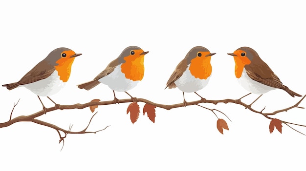 Vector closeup of four european robins perched on a branch