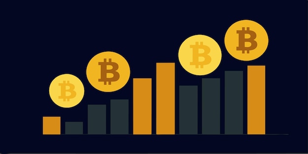 Vector closeup of golden bitcoin on a dark reflective background of increasing graph