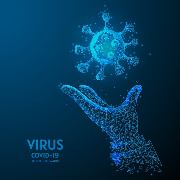 Closeup hand holds a virus. Virus research concept, innovative medical technology, COVID-19 coronavirus. Low poly wireframe   illustration.