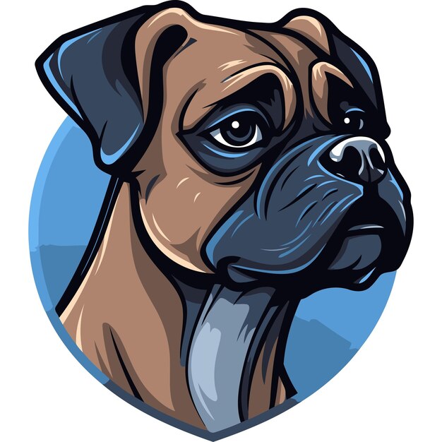 A closeup illustration of a boxer dogs head featuring a strong expressive gaze