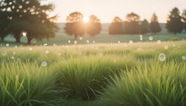 Vector a closeup image of a field of green grass with bubbles floating in the air the sun is shining brightly in the background creating a warm and inviting atmosphere