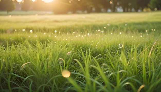 Vector a closeup image of green grass with scattered soap bubbles the scene is bathed in warm sunlight creating a dreamy and whimsical atmosphere