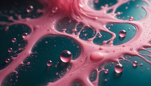 Vector closeup image of pink liquid splattered across a dark blue surface with clear water droplets scatter