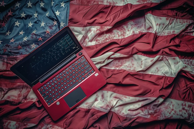 Vector closeup of laptop on american flag with 4th july theme