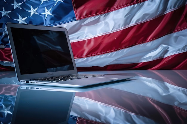 Vector closeup of laptop on american flag with 4th july theme