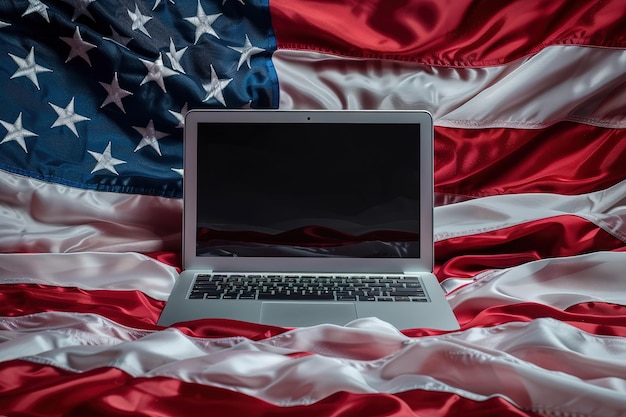 Vector closeup of laptop on american flag with 4th july theme