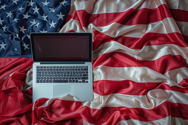 Vector closeup of laptop on american flag with 4th july theme