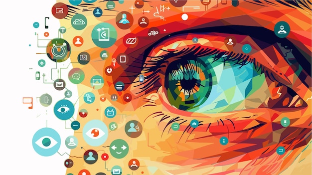 Vector closeup of man eye with digital icons flat style vector illustration