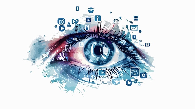 CloseUp of Mans Eye with HandDrawn Digital Icons