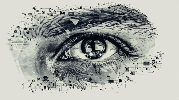 Vector closeup of mans eye with handdrawn digital icons