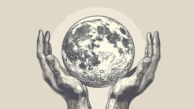 Closeup of Mans Hands Holding Moon Planet Handdrawn Vector Art