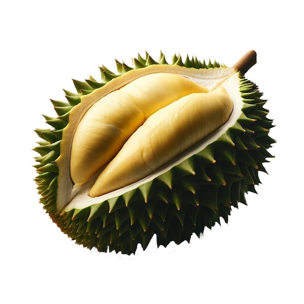 CloseUp of Open Durian Fruit Creamy Yellow Flesh Spiky Exterior