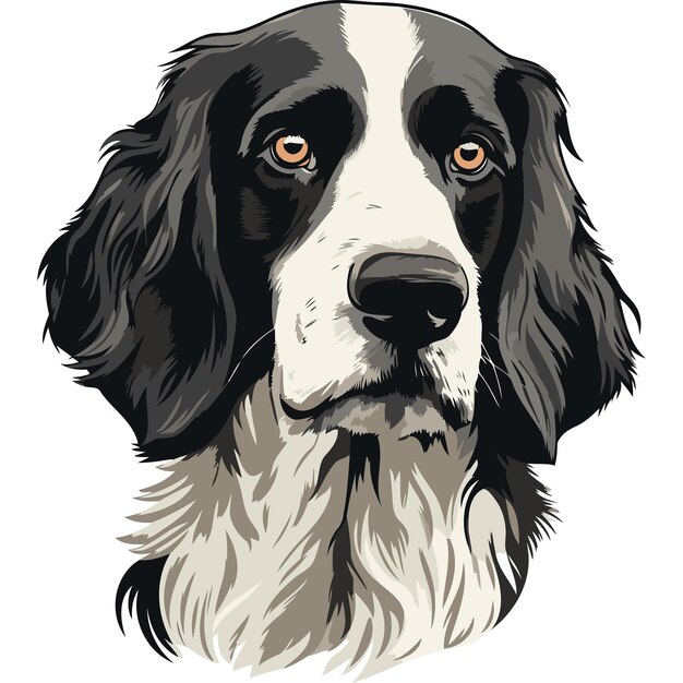 Vector closeup portrait of a beautiful black and white brittany spaniel with soft expressive eyes