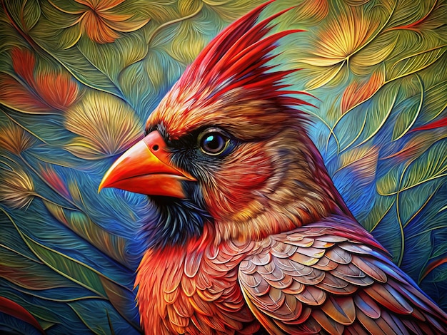 Closeup Portrait of a Red Cardinal with Colorful Floral Background