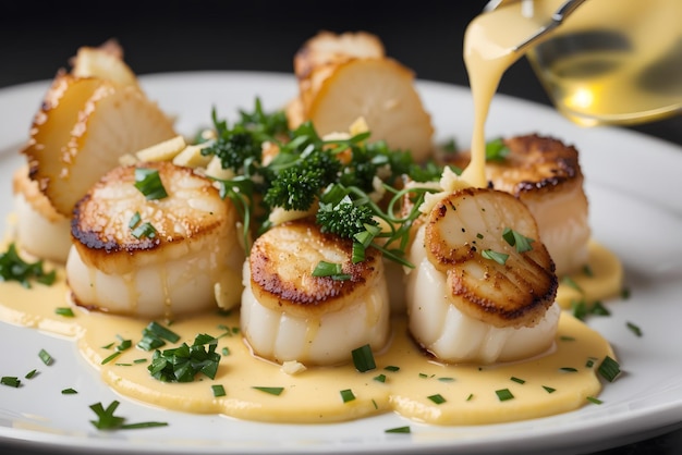 Closeup of seared scallops