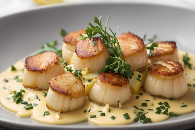 Closeup of seared scallops