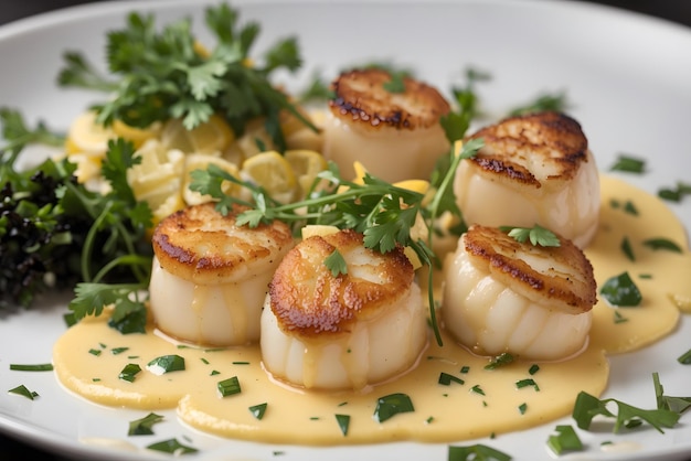 Closeup of seared scallops