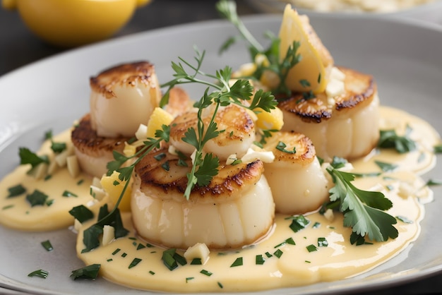 Closeup of seared scallops