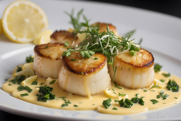 Closeup of seared scallops