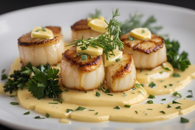 Closeup of seared scallops