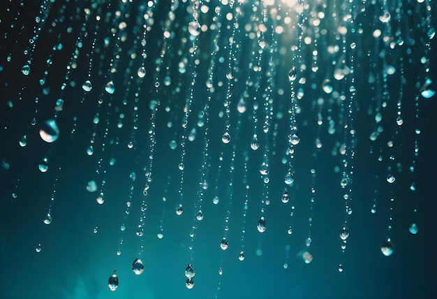 Vector closeup of shimmering water droplets falling from above against a turquoise background creating a refreshing and mesmerizing visual