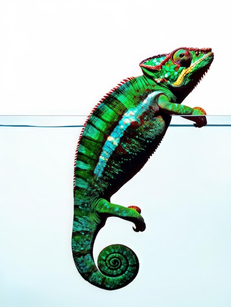 a closeup shot of beautiful colorful lizard on white wall background background