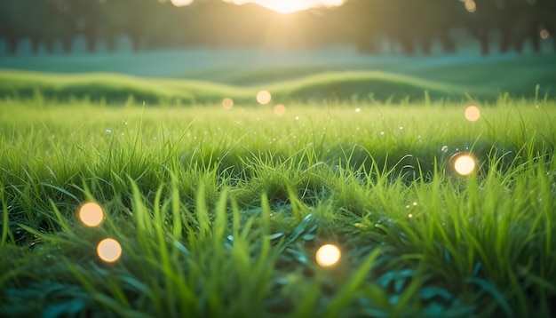 Vector a closeup shot of a field of lush green grass with dew drops the sun is shining brightly in the background