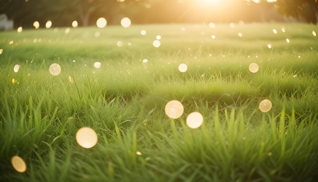 Vector a closeup shot of a grassy field at sunset with water droplets and bokeh effects