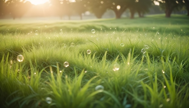 Vector a closeup shot of soap bubbles floating in a field of green grass the image is softfocused creating a whimsical and dreamlike atmosphere