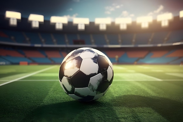 Closeup soccer ball in green grass on stadium