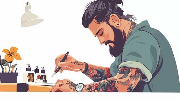 Vector closeup tattoo artist at work flat vector illustration