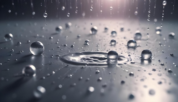 Closeup of water drops splashing on a metallic surface creating ripples and reflections showcasing fluid dynamics