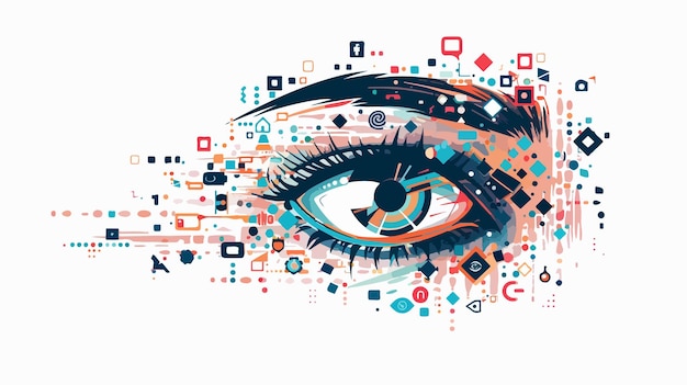 Closeup of Woman Eye with Digital Icons in Flat Style