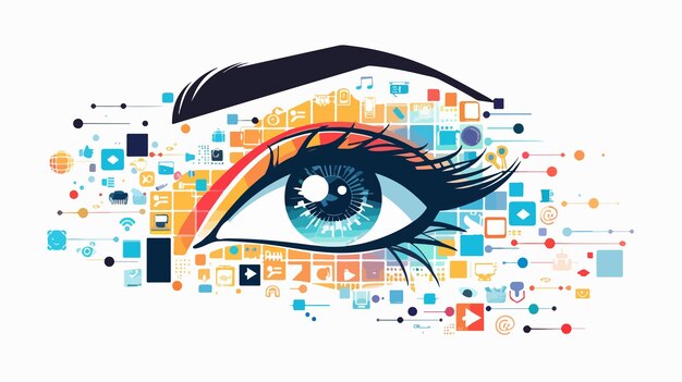 Closeup of Woman Eye with Digital Icons in Flat Style