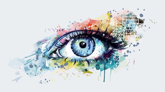 Closeup of Woman Eye with Digital Icons Handdrawn Vector Illustration