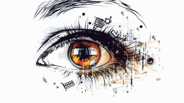 Closeup of Woman Eye with Digital Icons Handdrawn Vector Illustration