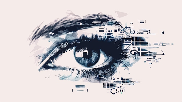 Closeup of Woman Eye with Digital Icons Handdrawn Vector Illustration