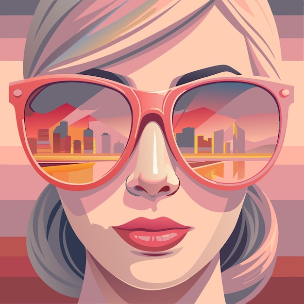 Closeup of a womans face wearing sunglasses reflecting a cityscape modern urban style