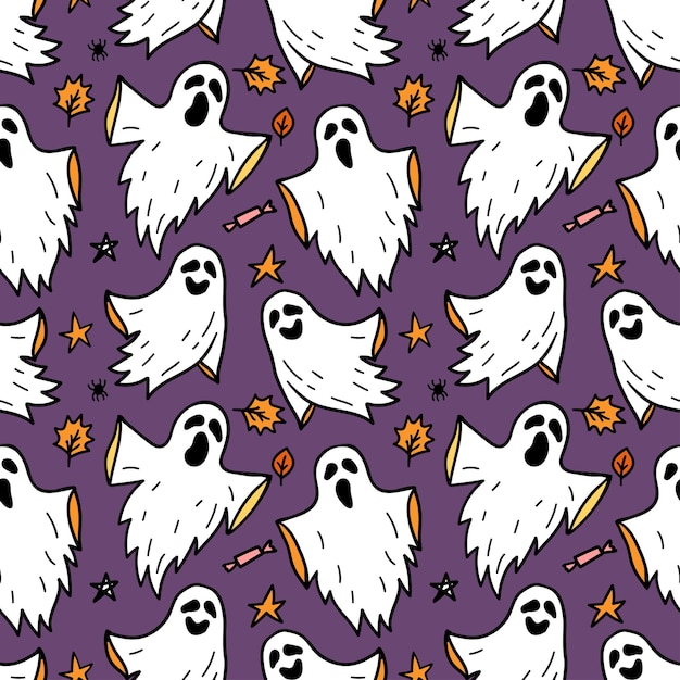 Cloth Ghost seamless pattern Horror Halloween hand drawn doodle background