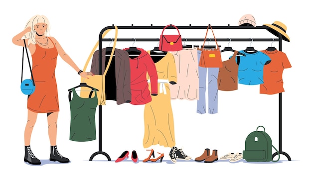 Clothes and Accessories Hanging on Hanger Home or Shop Wardrobe Clothes and Accessories Various Hanging Clothing Jacket Shirt Jeans Pants Bags Shoes and Hats Cartoon Flat Vector Illustration