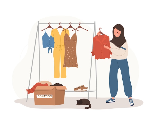 Clothes donation Arabic woman putting old clothes ready to be shared or recycled from wardrobe to cardboard box Volunteering and social care International charity day Vector cartoon illustration