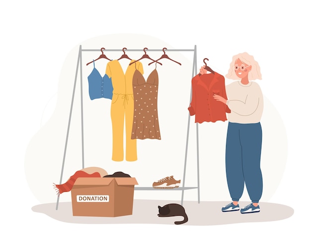 Clothes donation Elderly woman putting old clothes ready to be shared or recycled from wardrobe to cardboard box Volunteering and social care International charity day Vector cartoon illustration