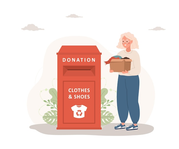 Clothes donation Elderly woman with cardboard box gives things for recycling or donated