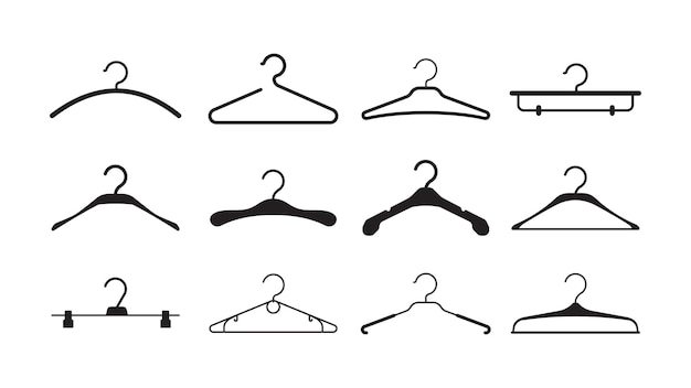 Clothes hangers. Storage wardrobe items fabric hangers with hook black silhouettes vector pictogram. Hanger clothes and clothing fashion rack illustration