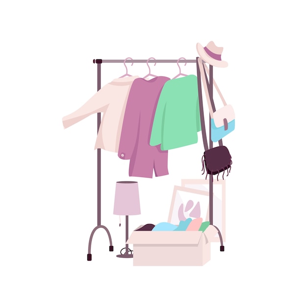 Clothes rack flat color object. Womens wardrobe. Resale. Second hand. Zero waste. Used and upcycled clothing isolated cartoon illustration for web graphic design and animation