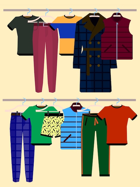 Clothes Racks with Wear on Hangers Set Flat Design Style Vector illustration of man wears