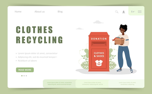 Clothes recycling landing page template African woman with cardboard box gives things for donation